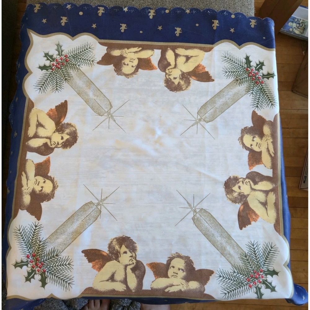 Vintage Christmas Tablecloth Raphael Cherub Angels Holly Navy Blue 32x32